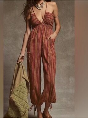 Free People Sundaze For Surfin Jumpsuit Sz Small Red Clay Combo Balloon Leg- EUC